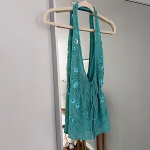Urban outfitters Teal Halter Top with Sequin Details y2k style